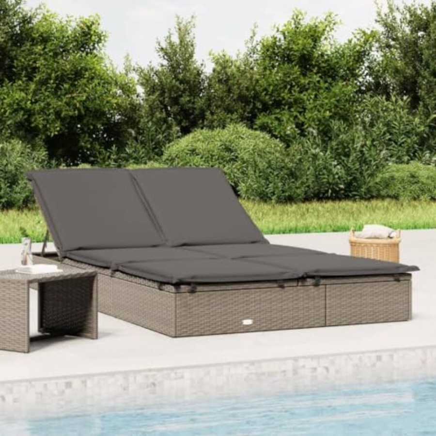 Deck Chair Lounger - 2-Person Sunbed with Cushions Gray Poly